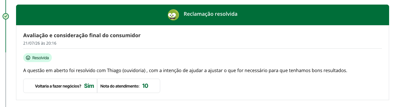 Print do Reclame Aqui: reclamação resolvida, atendimento nota 10, questão resolvida com o Thiago da ouvidoria