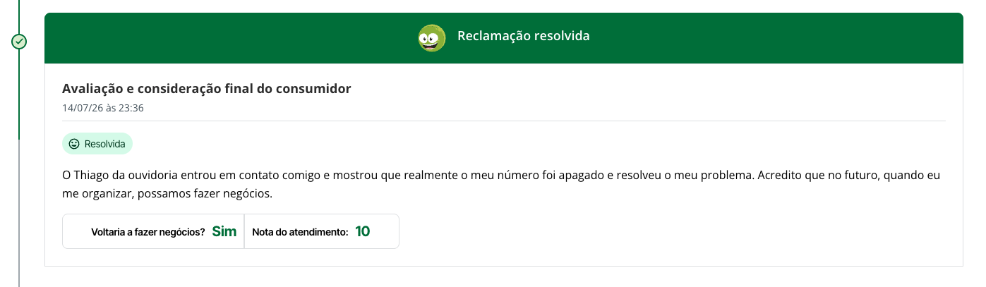 Print do Reclame Aqui: reclamação resolvida, atendimento nota 10, Thiago da ouvidoria resolveu o problema do cliente